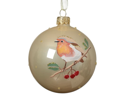 Bauble glass enamel robin pearl D.8cm