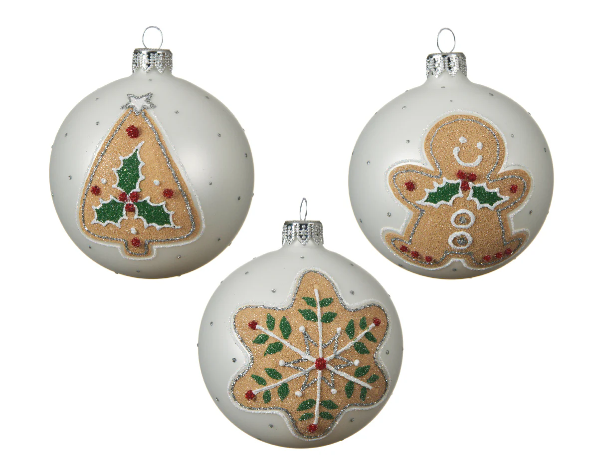 Bauble glass matt cookie, tree star man 3ass winter white