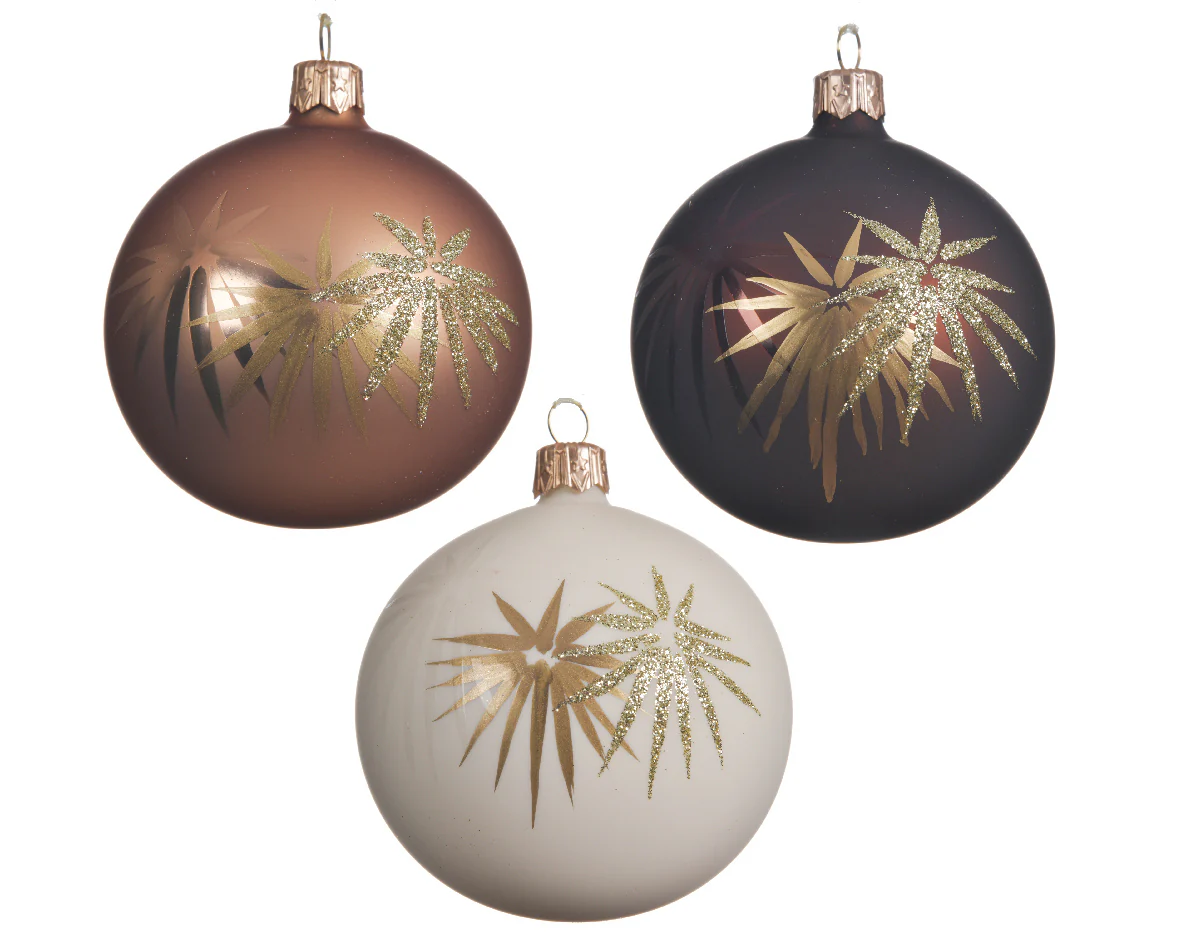 Bauble glass matt palm leaf 3col ass assorted