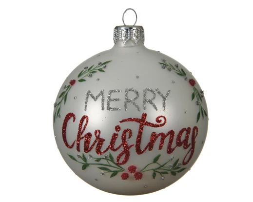 Bauble glass matt text: merry christmas winter white D.8cm