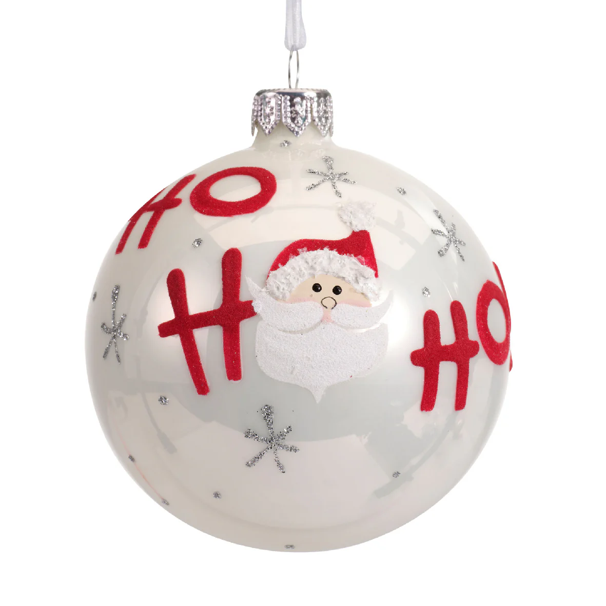 Bauble glass shiny, enamel santa and text: ho ho ho 2col ass assorted dia8cm