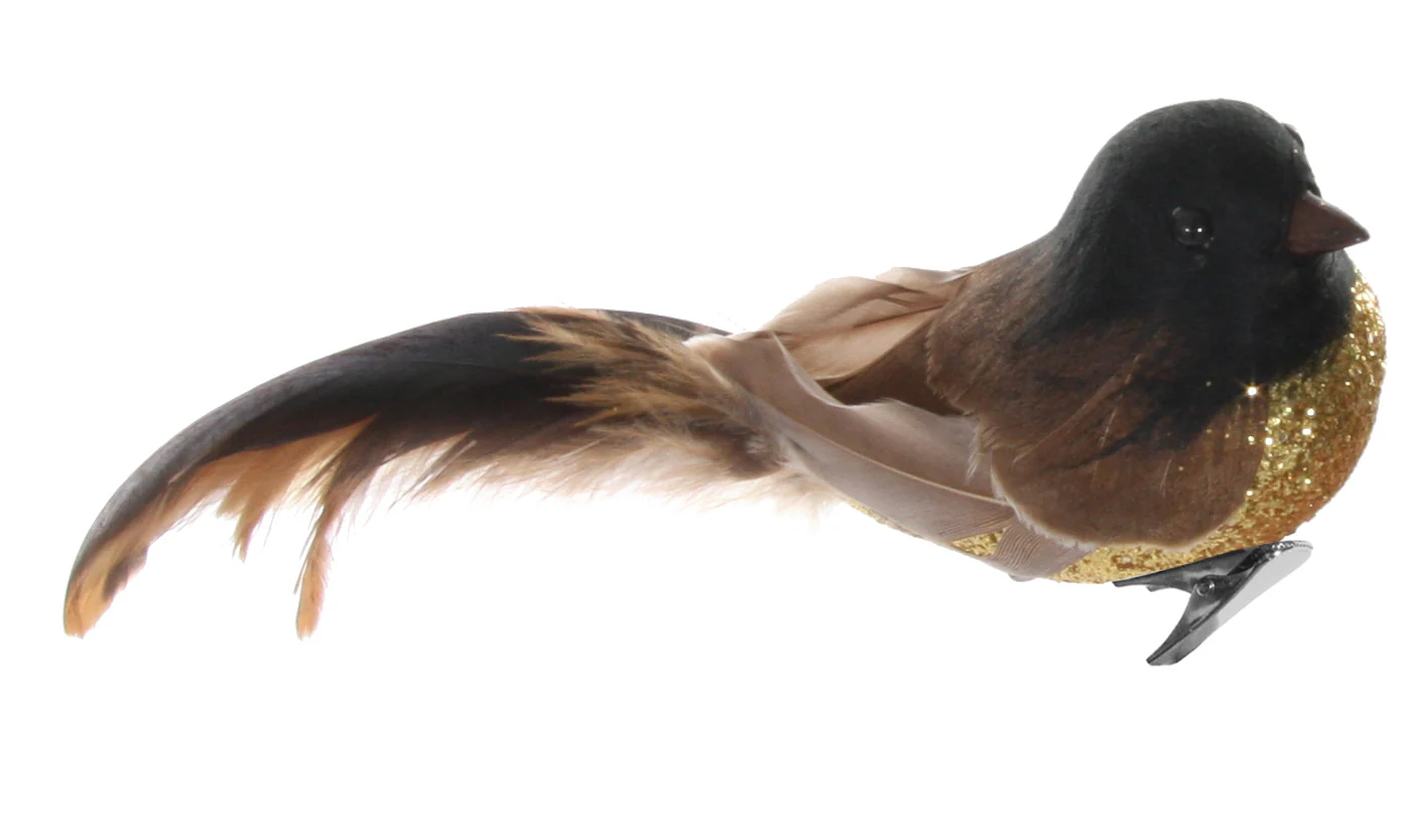 Bird with clip gold glitter brown feather 17cm