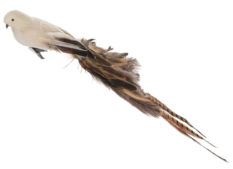 Bird with clip mixed feather tail beige-brown