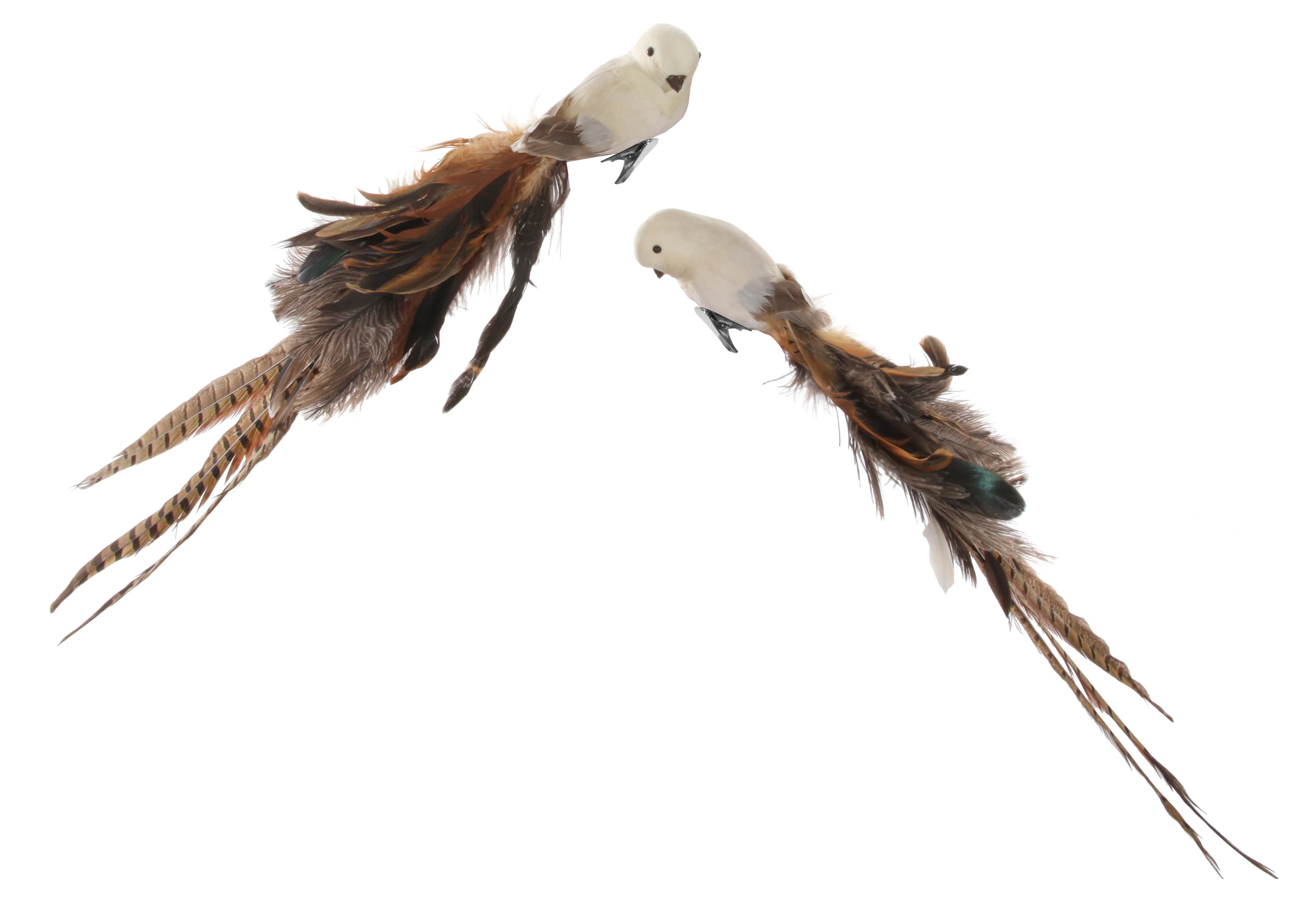 Bird with clip mixed feather tail beige-brown
