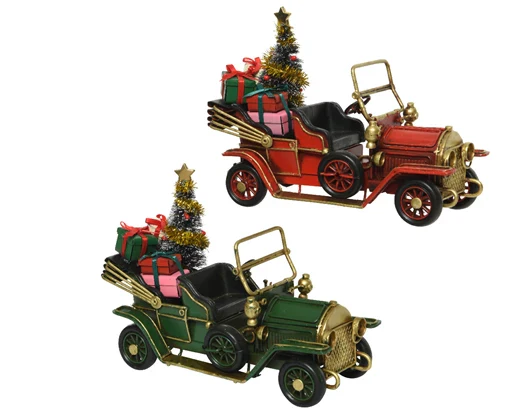 Car iron with tree with gifts without  L16.5-W7-H13cm - assorted candy cane 2col ass