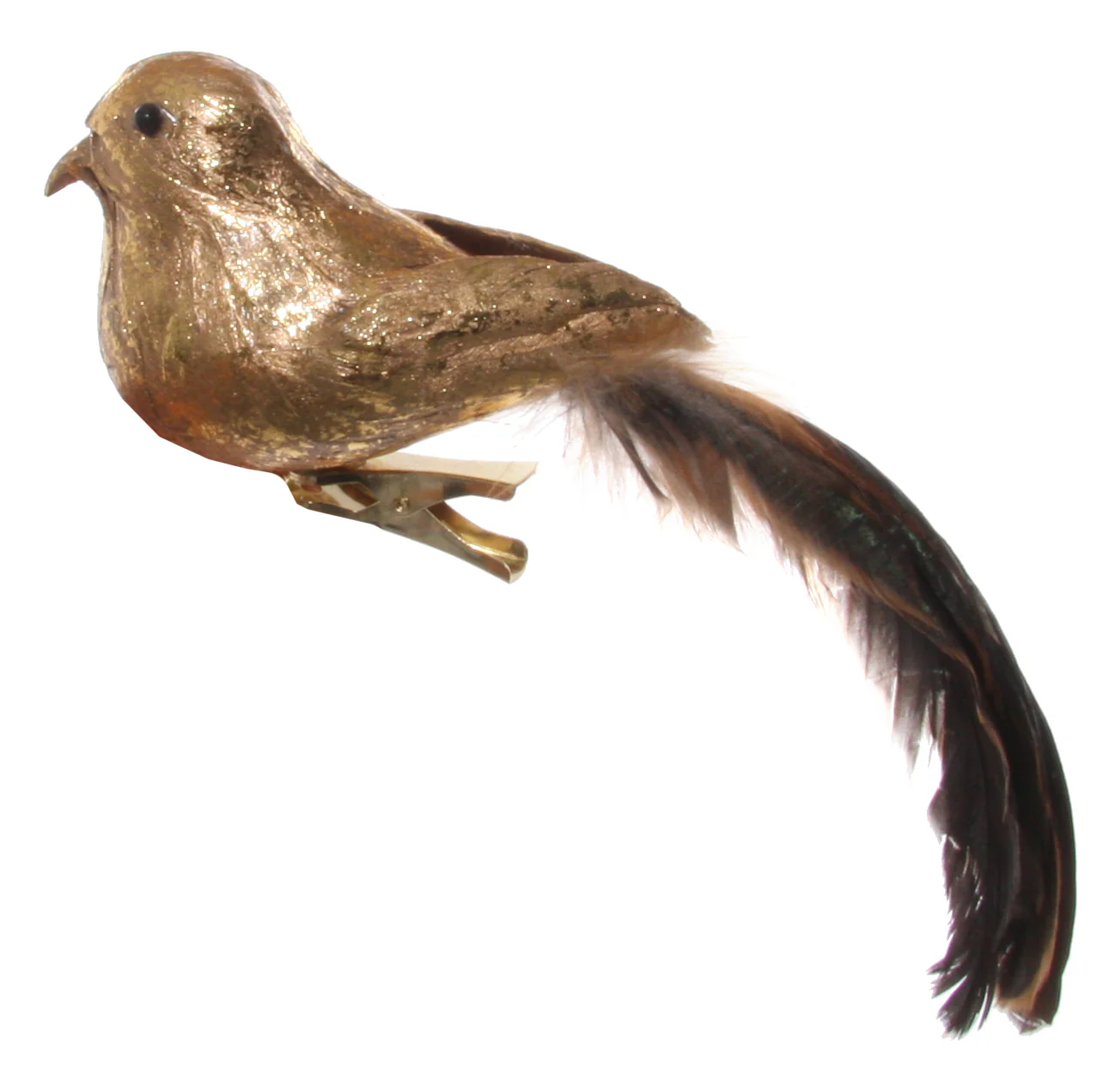 Feather bird gold brown tail on clip