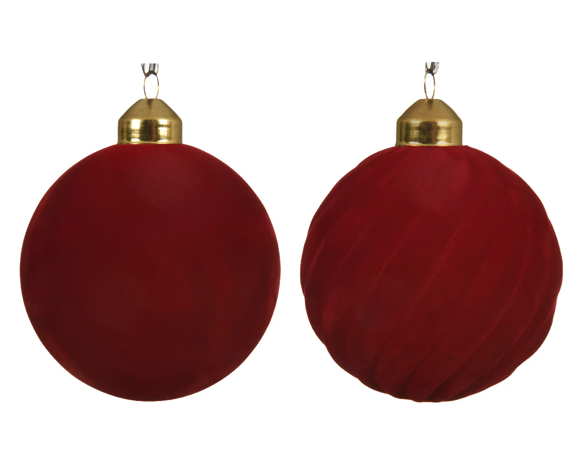 gl bauble flock w gold cap 8cm christmas red