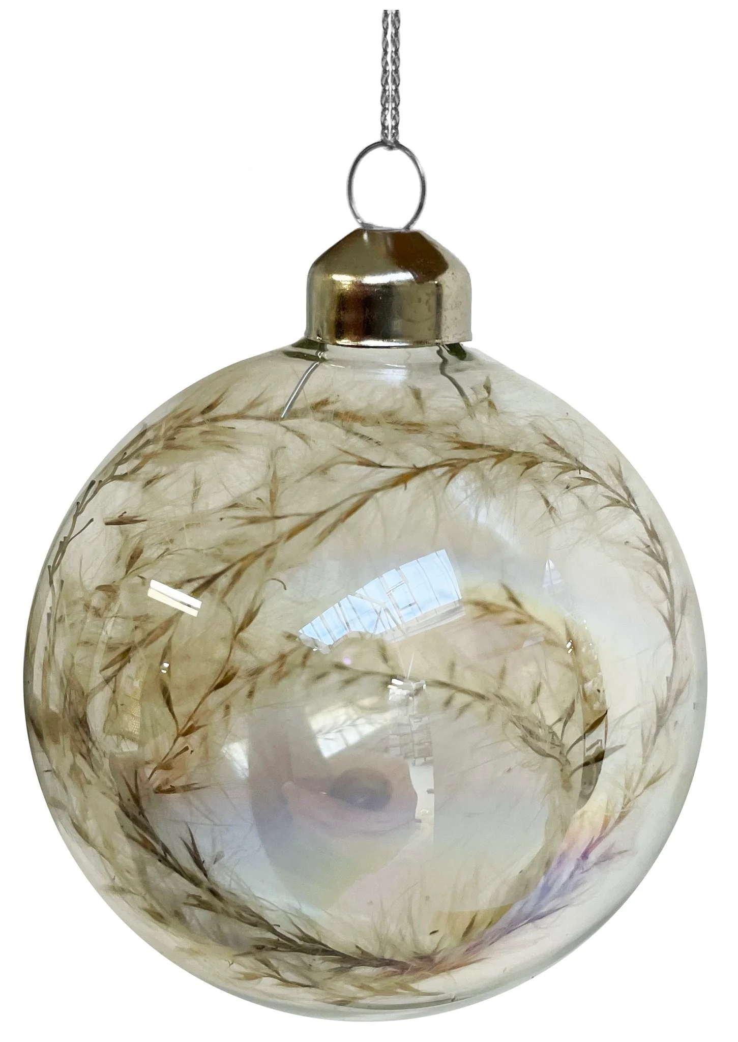 Glass ball clear luster w/wheat deco inside 8cm