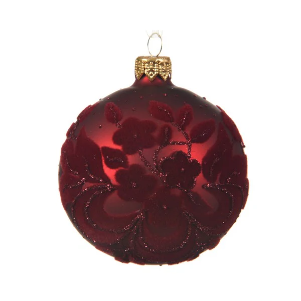 glass deco bauble flock dia8cm oxblood