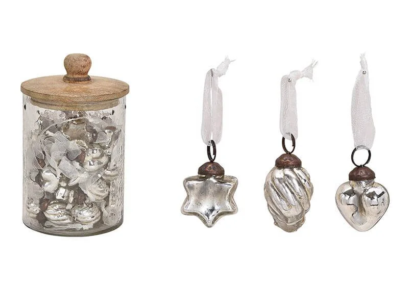 Hanger, glass, silver, 3 asst. 3,5cm, 48 pcs in glass jar with wooden lid, 12x20x12cm