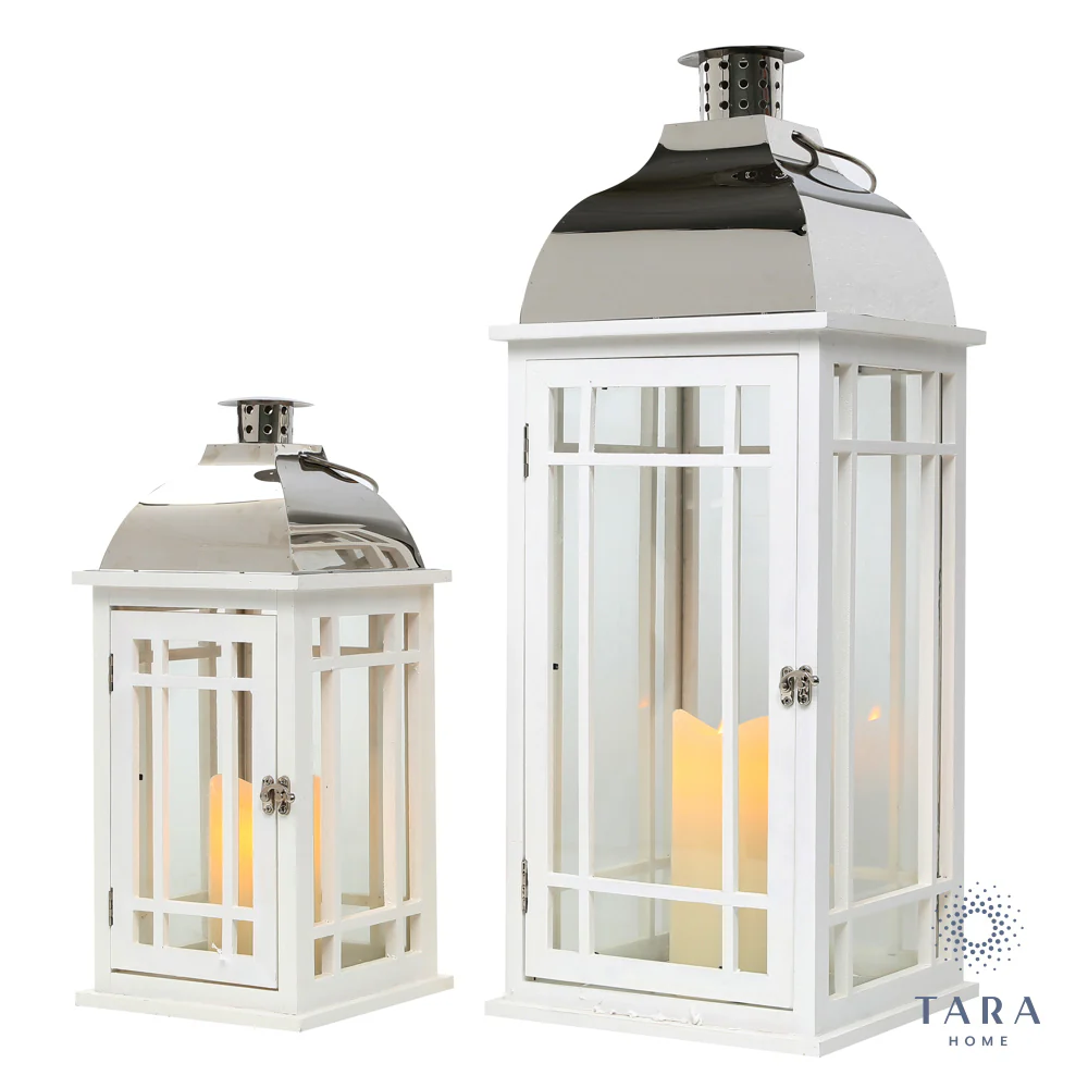 JULIE WOODEN LANTERN WHITE/CHROME LRG