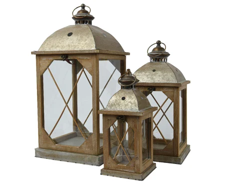 Lantern firwood rectangle antique gold with four side glass, with two side wood crossing L.20cm W.20cm H.42cm