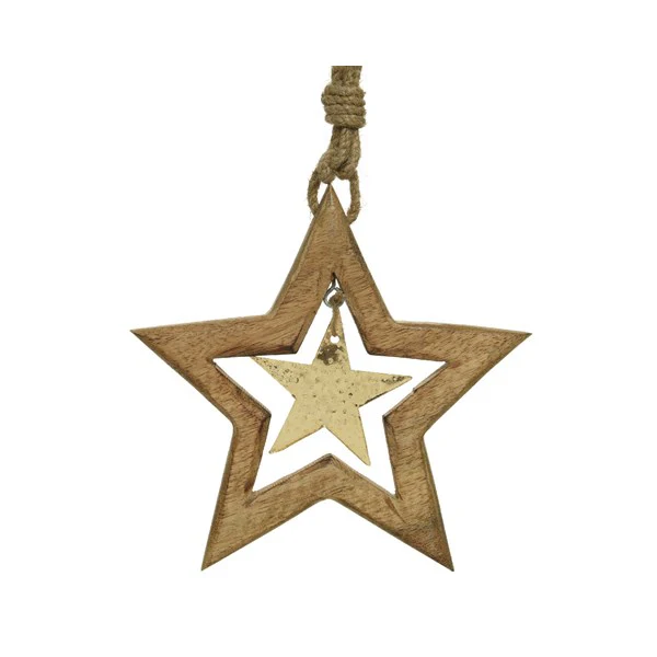 mango wood star w jute rope gold
