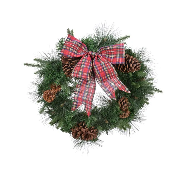 mix needle wreath w tartan bow green