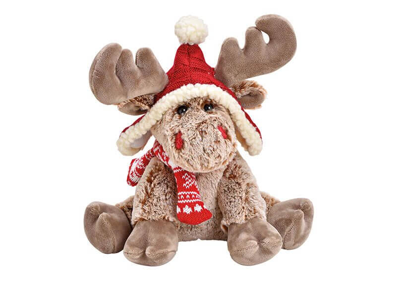 Moose plush brown with red hat  (23x25x19cm)