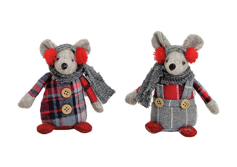 MOUSE RED GREY TEXTILE 2-ASS.7 X6X10CM