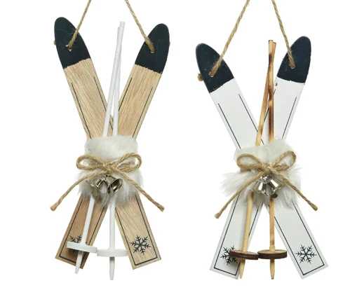 Pair of skis plywood silver bells, w faux fur
