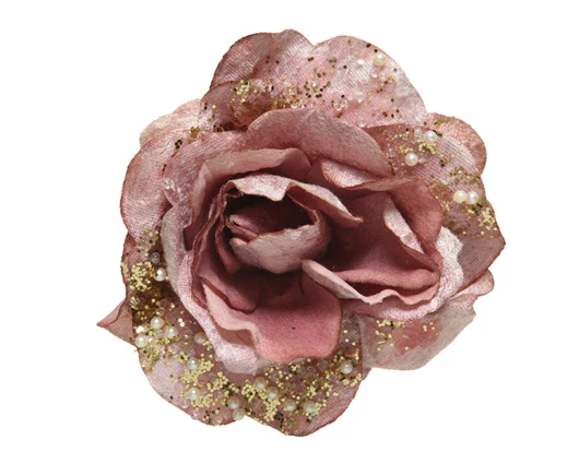 Rose rose on clip polyester pearls, velvet pink glitters