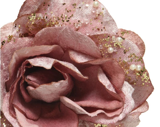 Rose rose on clip polyester pearls, velvet pink glitters - Image 2