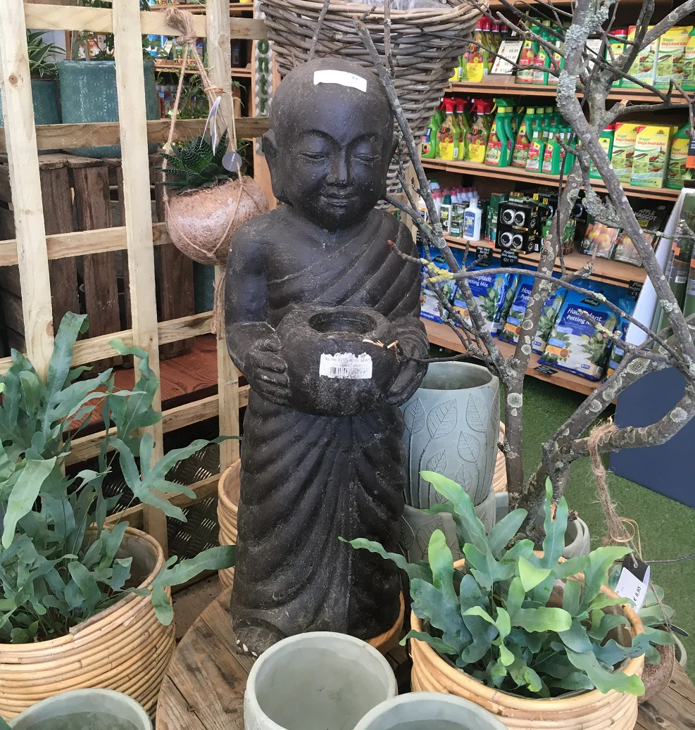 Standing monk with bowl, 60 cm height, cast stone