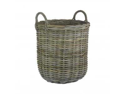 Tall Round Fireside Grey Rattan Log Basket Large