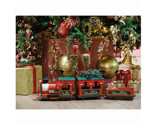 Train iron tree gifts, berries, pinecones, bells red L.92cm x W.16.3cm x H.30cm - Image 2